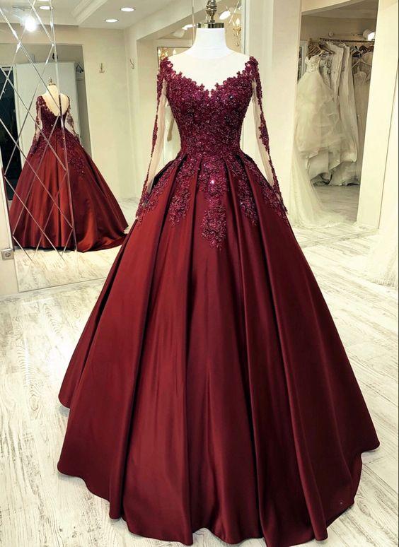 Burgundy wedding dresses long sleeves prom Dress CD21925