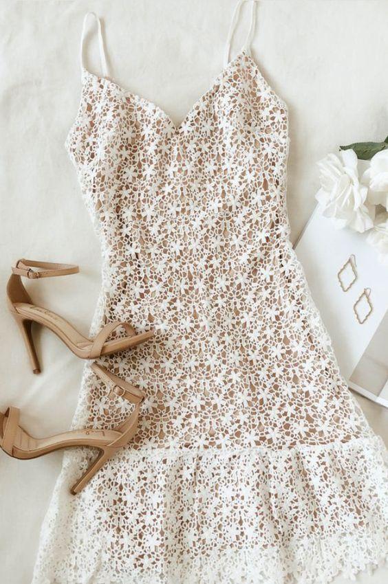 White And Nude Lace Ruffled Mini Dress Homecoming Dress CD21936