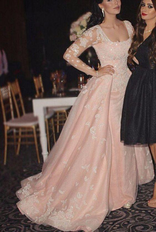 A Line Scoop Appliques Prom Dress, Long Sleeves Prom Dresses Prom Evening Gowns CD21946