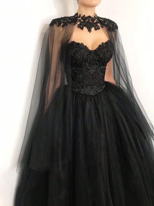corset lace wedding dress with cape, heavy beading fantasy gown, black tulle wedding prom dress CD22036