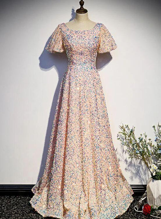 Pink Sequins Short Sleeves Long Bridesmaid Dress, Seqins Floor Length Prom Dress CD22079