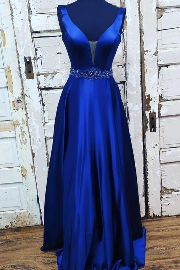 Blue satin long A line prom dress evening dress CD22095