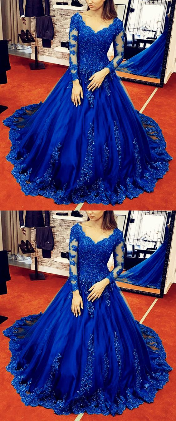 Stunning Royal Blue Lace Long Sleeves Ball Gown Prom Dresses For Wedding Party CD22104