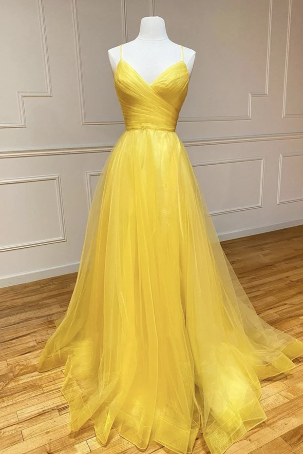 Yellow tulle long A line prom dress evening dress CD22116