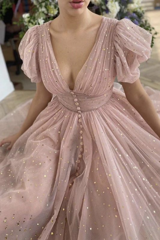 Pink v neck tulle short prom dress party dress CD22162