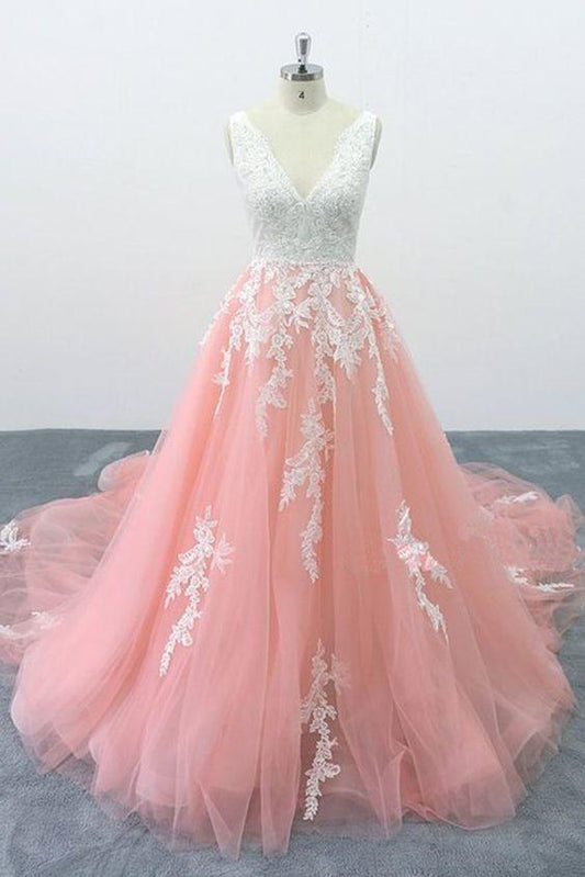 Peach Pink Tulle Cathedral Train Lace Wedding Dress, Formal Halter Prom Dress CD2222