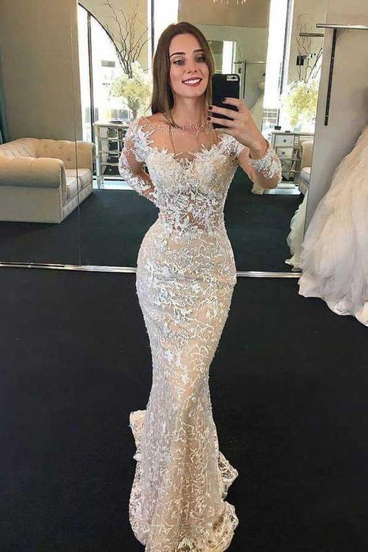 Gorgeous Mermaid Round Neck Long Sleeves Lace Wedding Prom Dresses CD22238