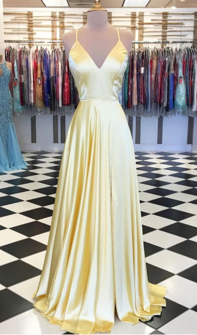 Simple yellow satin long prom dress, yellow evening dress, yellow formal dress CD2223