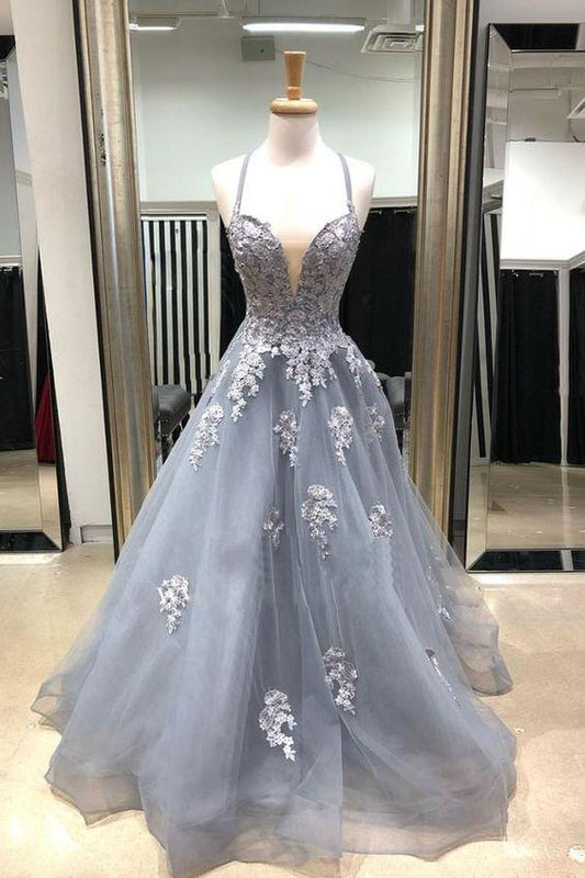 Gray tulle lace long prom dress, gray lace tulle evening dress CD2229