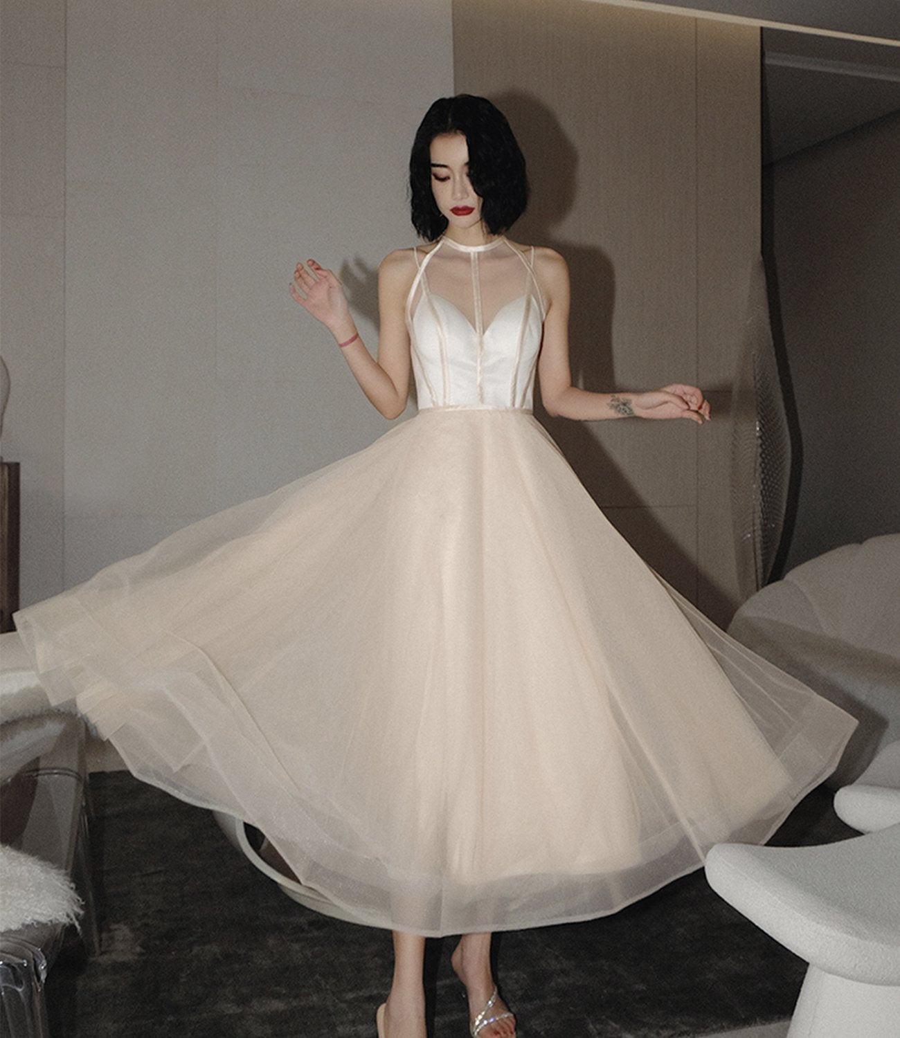 CUTE TULLE SEE THROUGH SHORT PROM DRESS CHAMPAGNE EVENING DRESS CD22313