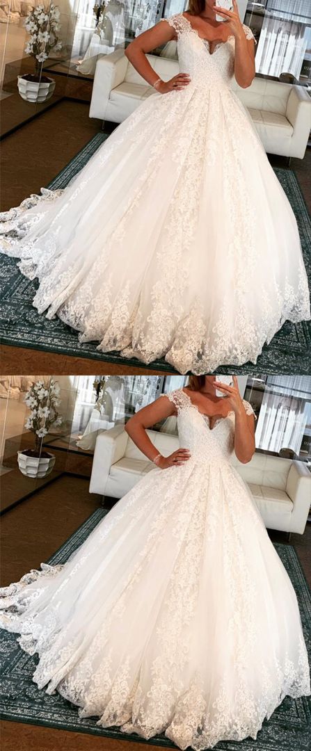Off the shoulder lace wedding dress ball gown v neck bridal dresses vintage style Prom Dresses CD22355