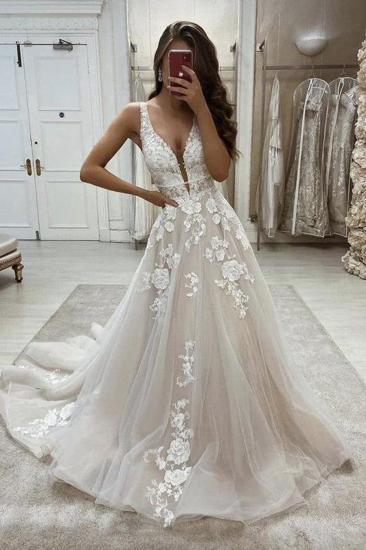 Stylish v neck lace long A line prom dress evening dress CD22372