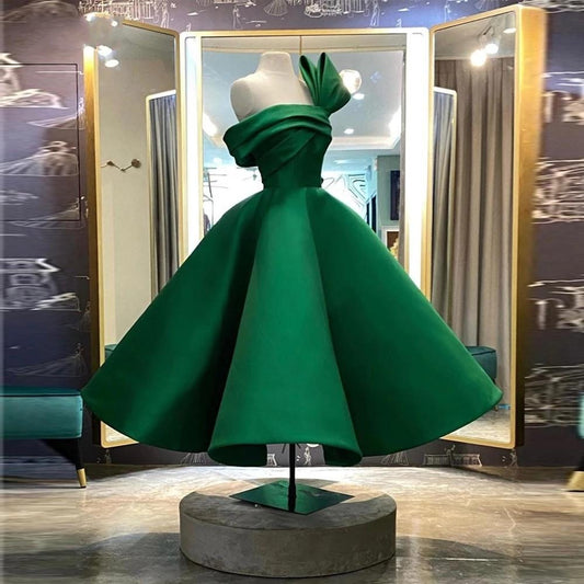 New Design Saudi Arabia Evening Dresses Green Satin Pleats Puffy Short Prom Gowns CD22402