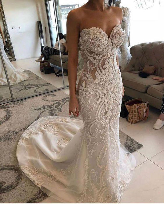 Gorgeous Mermaid Sweetheart Lace Wedding Prom Dresses with Beading CD22472