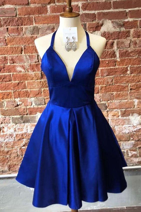 Simple Halter Royal Blue Short Homecoming Dress CD22536