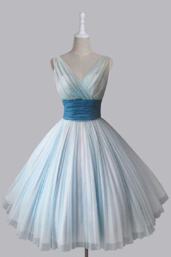 Homecoming Dresses Chiffon, Vintage Short V-neck 50s Chiffon Light Sky Blue Homecoming Party Dress CD2259