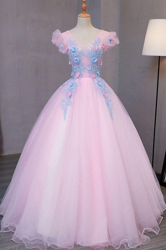 Special pink tulle V neck long prom gown with blue flower lace appliqués CD2260