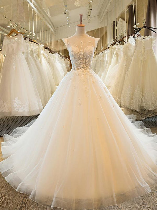 Charming Tulle Wedding Dress, Sexy Ball Gown Wedding Dresses, Scoop Neckline Bridal Dresses Prom Dress CD22618