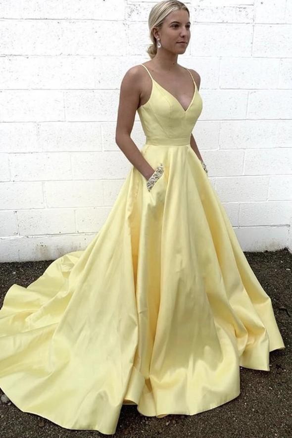 Yellow satin long A line prom dress evening dress CD22639