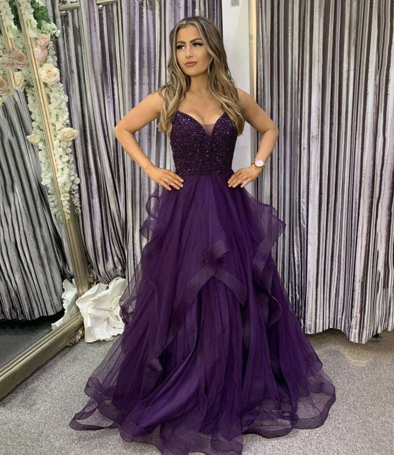 PURPLE TULLE LONG A LINE PROM DRESS WITH BEADS CD22643