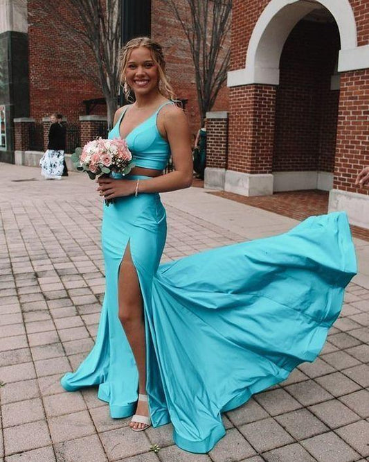 Two Piece Prom Dresses Long Satin Evening Dresses with Side Slit CD22672