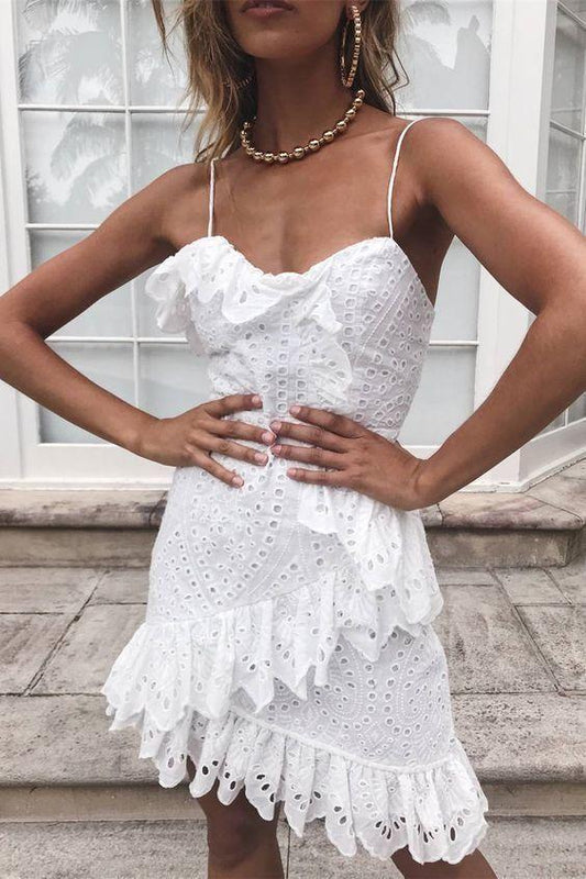 Sheath Spaghetti Straps Short White Lace Homecoming Dress with Ruffles CD22673