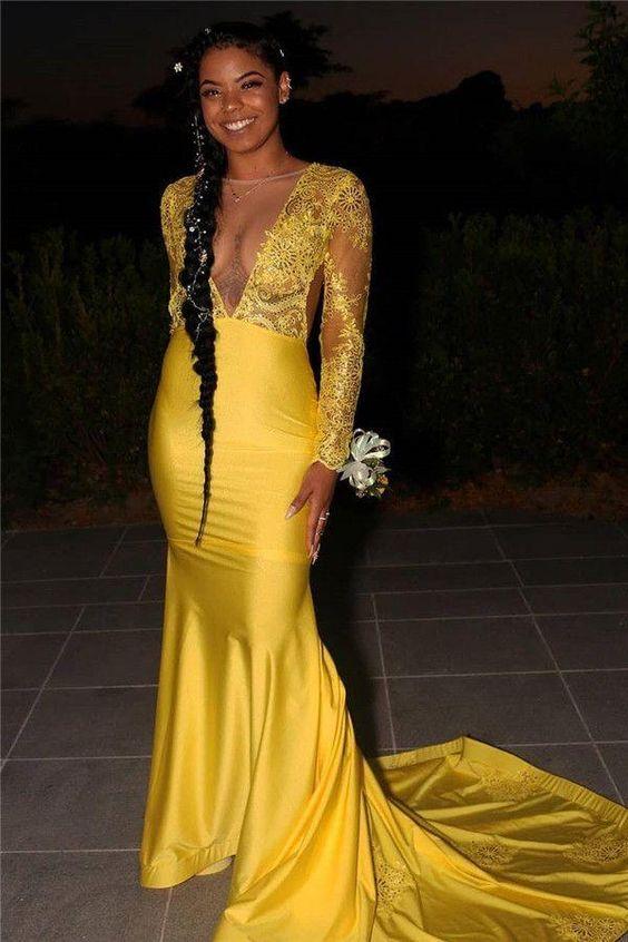 Long Sleeves Lace Sheath Elastic Satin Open Front Long Yellow Prom Dresses CD22699