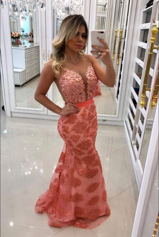 Scoop Lace Mermaid Prom Dresses With Beads And Sash CD22706