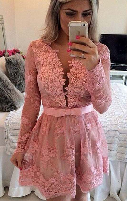 Long Sleeves V Neck Lace Homecoming Dress Pink Formal Evening Gown CD22734