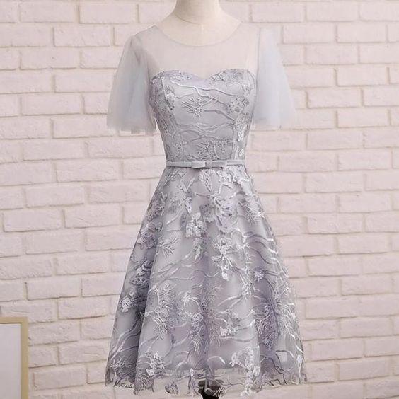 Short Sleeve Gray Lace Cute Homecoming Dresses CD22736