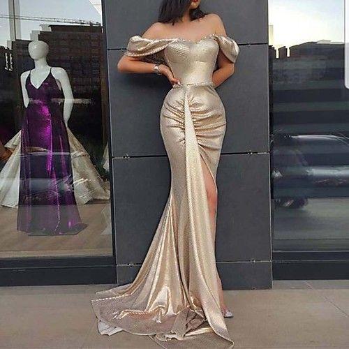 Trumpet Sexy Off Shoulder Sleeveless Sweep / Brush Train Satin with Split Prom Dress CD22773