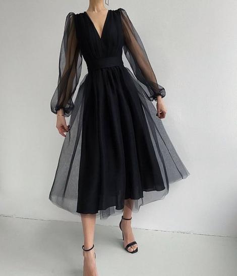 Unique Black Tulle Long Sleeves Prom Dress CD22791