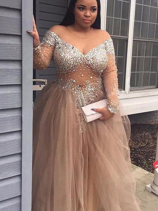 Ball Gown Off-the-Shoulder Long Sleeves Sequin Tulle Floor-Length prom Dresses CD22807