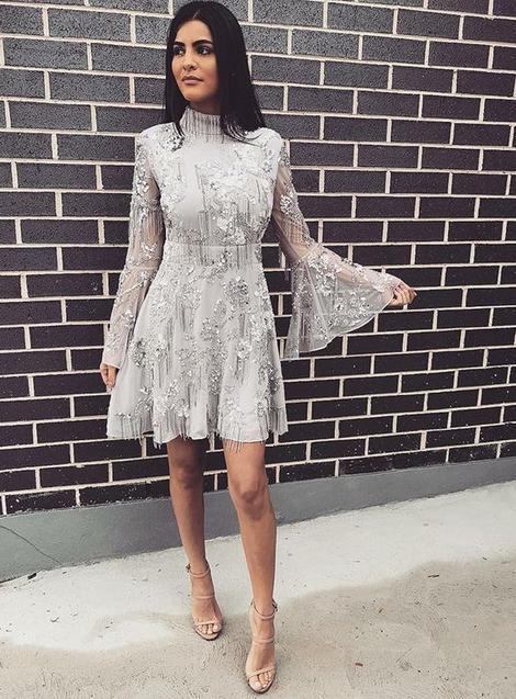 A-Line High Neck Short Grey Lace Homecoming Dress with Long Sleeves CD22812