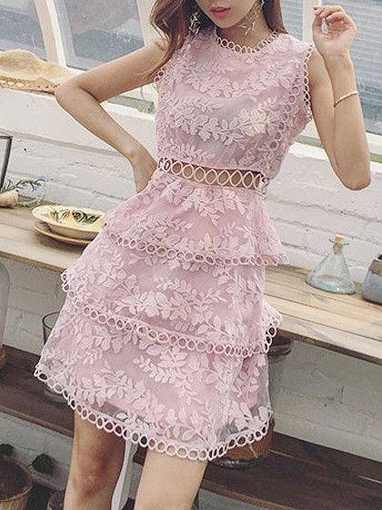Pink Cut Out Detail Sleeveless Layered Sheer Lace Homecoming Dress CD22874