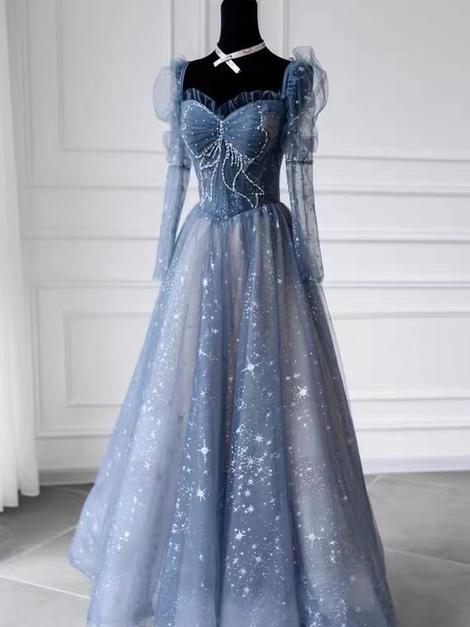 Unique, Long sleeve prom dress, Frozen blue dress CD22888