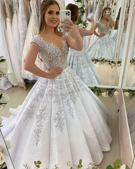 White Cap Sleeves Ball Gown, Charming Prom Dress With Lace CD22905