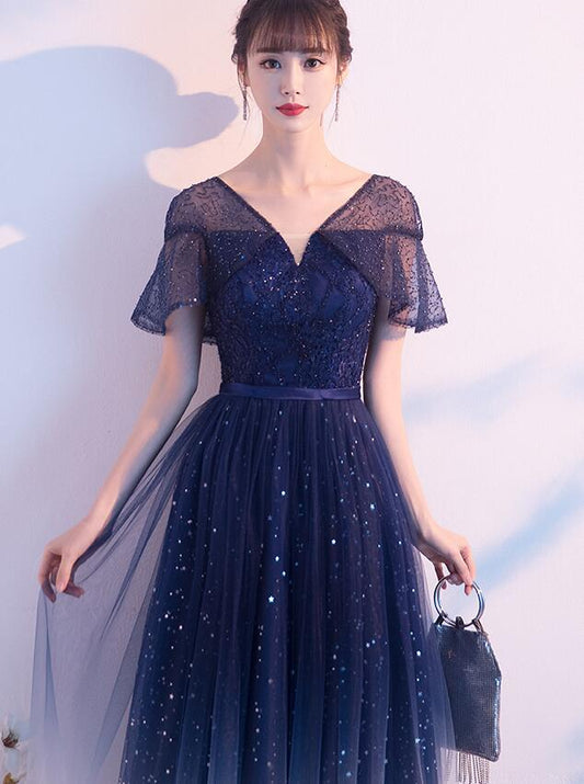 Navy Blue Gradient V-Neckline Shiny Tulle A-Line Prom Dress Party Dress, Blue Tulle Short Bridesmaid Dress CD22963