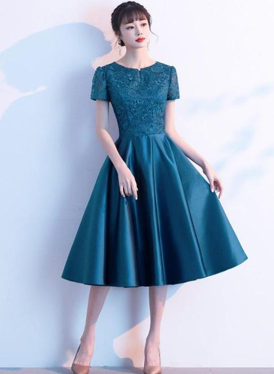 Teal Green Round Neckline Satin With Lace Wedding Party Dresses, Short homecoming Dresses CD22964