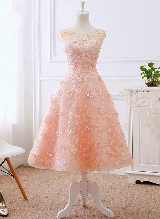 Pretty Pink Tea Length Flower Lace Wedding Party Drses, Pink Lace Formal Dress Homecoming Dress CD22969