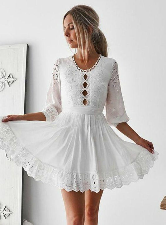 A-Line 3/4 Sleeves White Lace Homecoming Dress With Keyhole CD22983