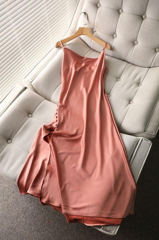Simple satin dress, summer, spaghetti strap slit long prom dress CD22993