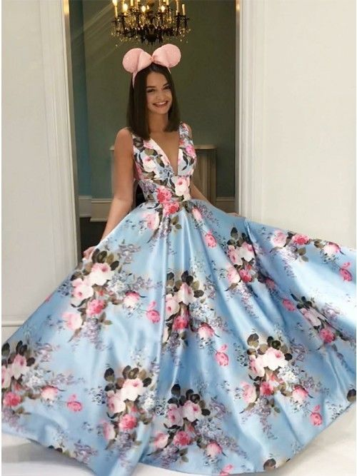 Blue Floral Prom Dress Floor-Length Evening Dresses CD23030