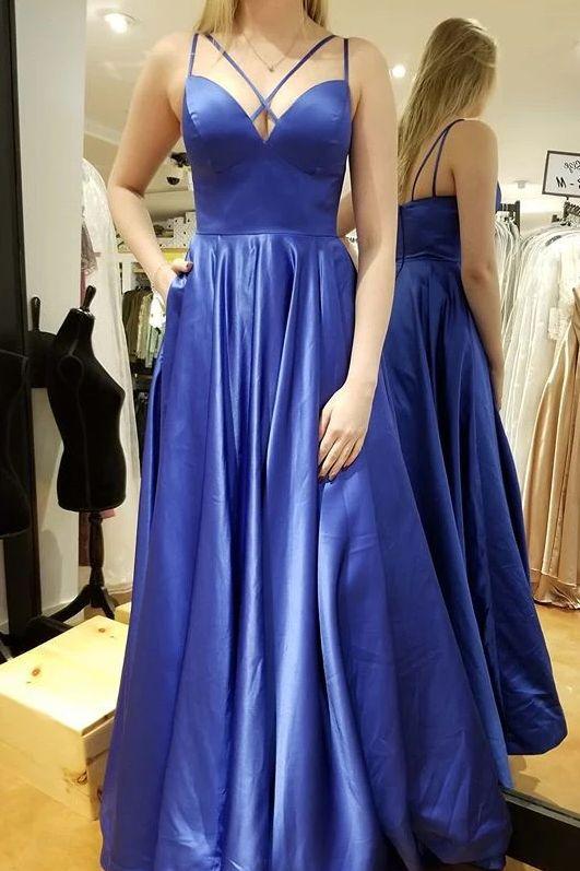 Simple Blue Long Prom Dress, A-line Satin Pockets Evening Gown CD23050