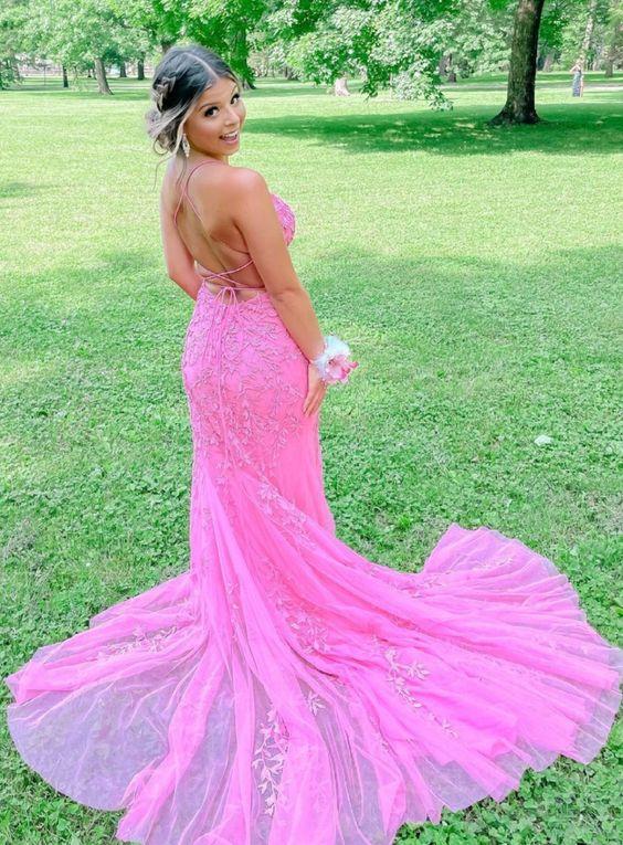 mermaid hot pink lace appliques long prom dress CD23058