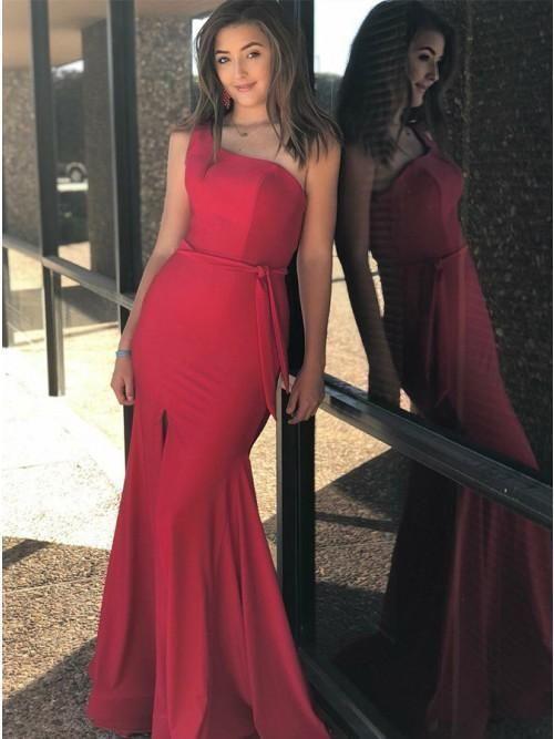 Red One Shoulder Long Mermaid Prom Dresses with Split CD2306