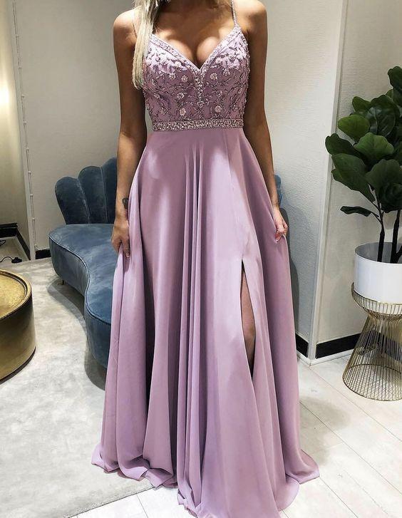elegant mauve pink bridesmaid dresses chiffon split evening prom gown with side split CD23116