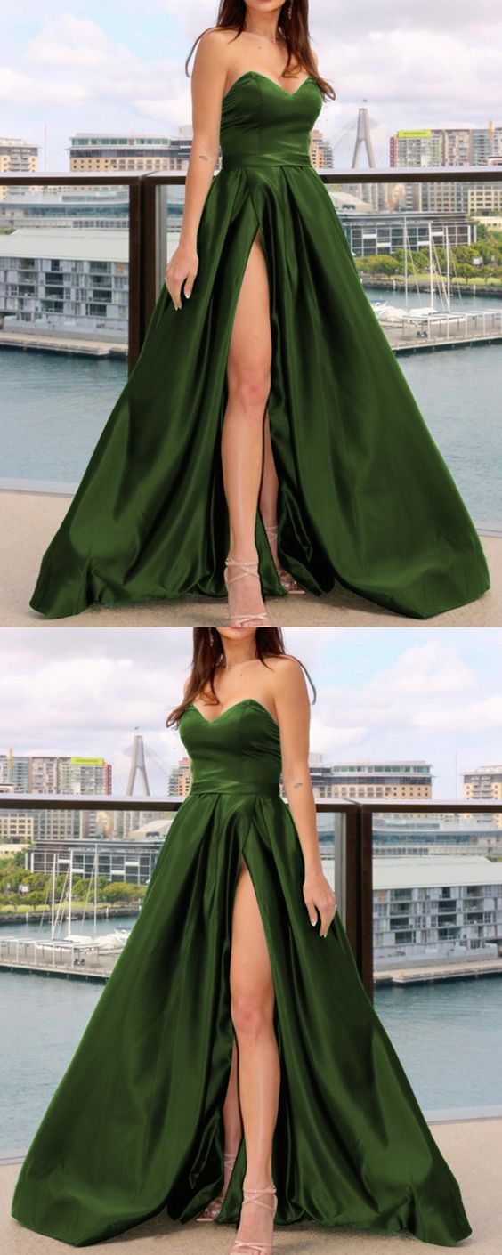 Long Olive Green Formal Satin prom Dresses For Bridesmaids CD23118