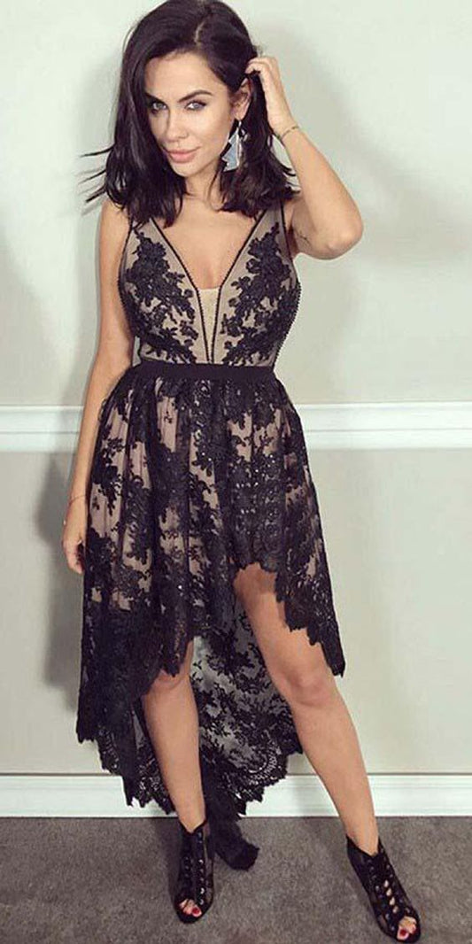 A-Line V-Neck High Low Black Lace Homecoming Dress with Beading CD2312