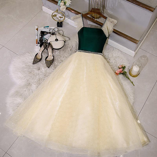 Champagne Tulle And Lace Pearls Party Dresses, Short Prom Dress CD23138